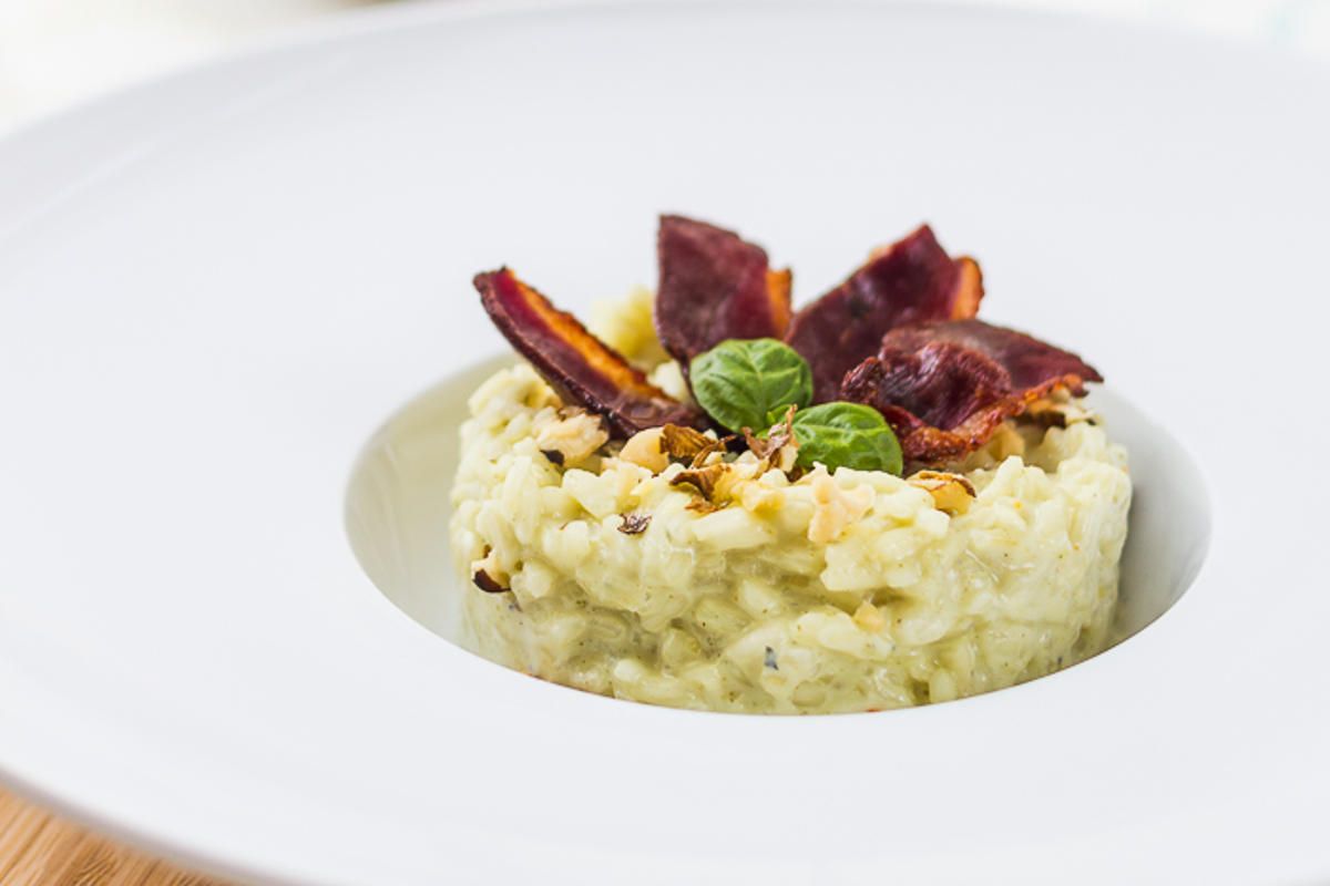 Un risotto croustillant au magret et à la crème de Saint Agur