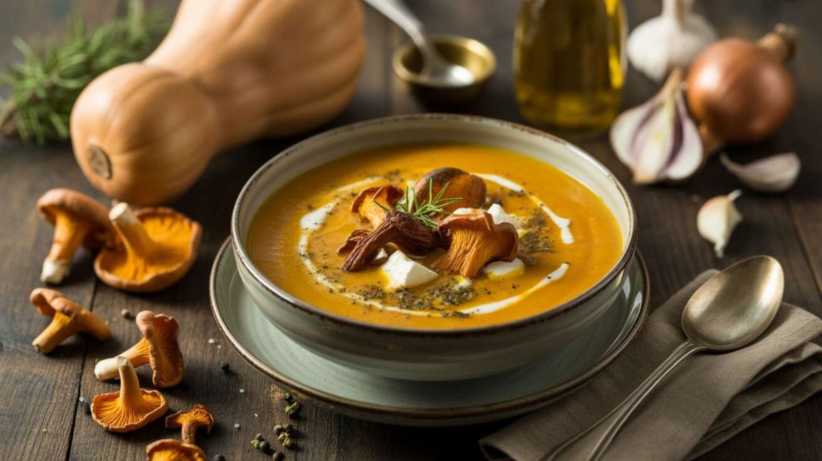 Une soupe réconfortante de butternut aux girolles pour les soirées d'automne